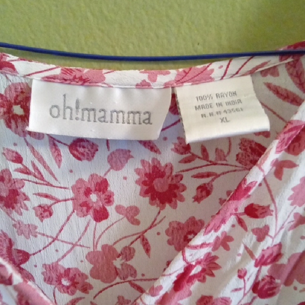 Womans XL Oh! Mamma Fitted White and Pink Cap Sleeve Blouse Floral Maternity Top - Picture 2 of 4